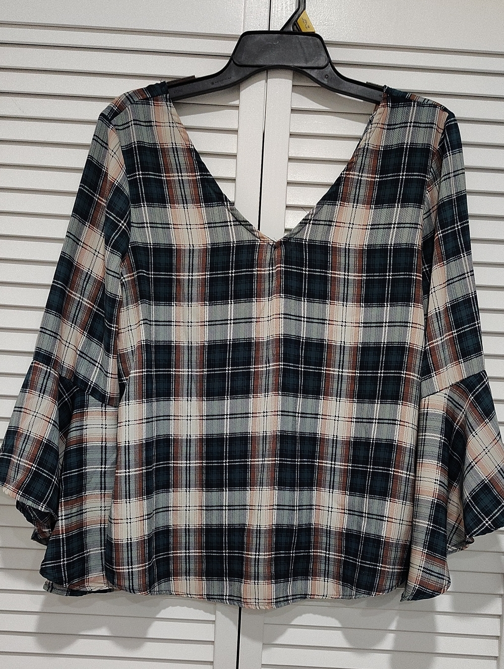 Lilac Clothing Plaid V-Neck Blouse in Navy, Cream & Brown